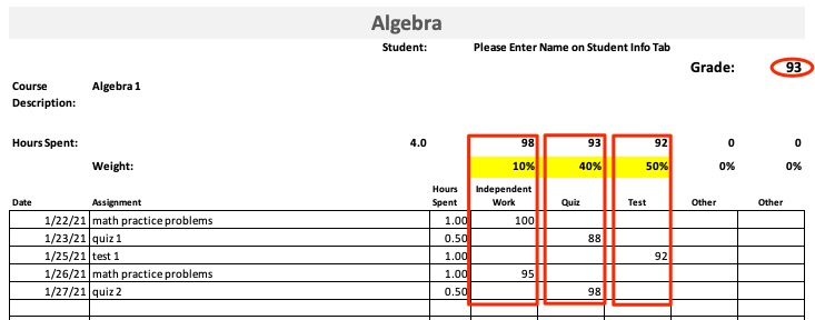 screenshot of course detail page with weights and grades indicated