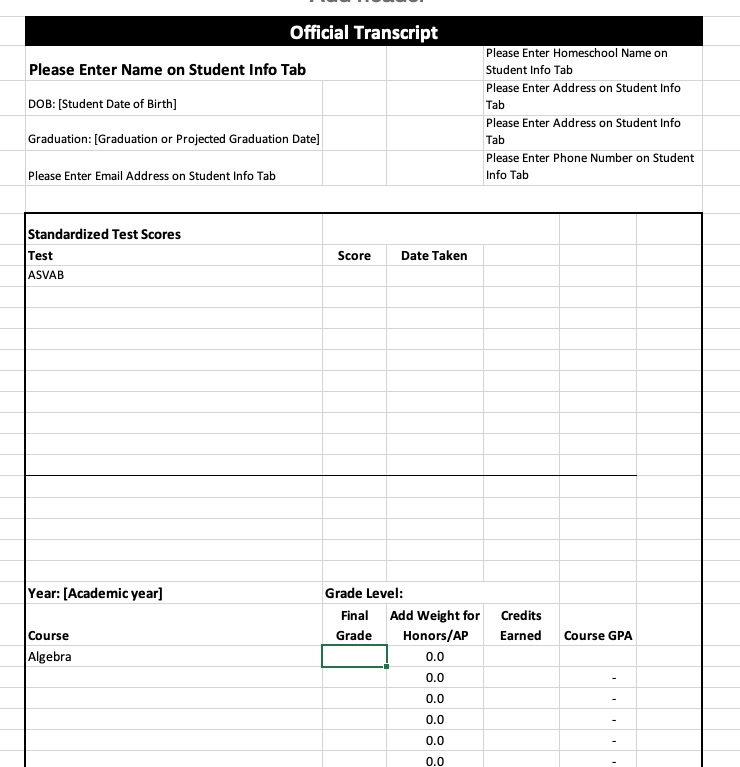 screenshot of test scores section in transcript template