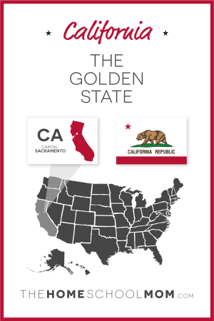 Map of US with California highlighted and text California - The Golden State; capital – Sacramento