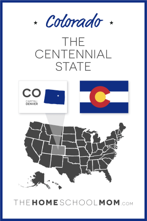 Map of US with Colorado highlighted and text Colorado - The Centennial State; capital – Denver