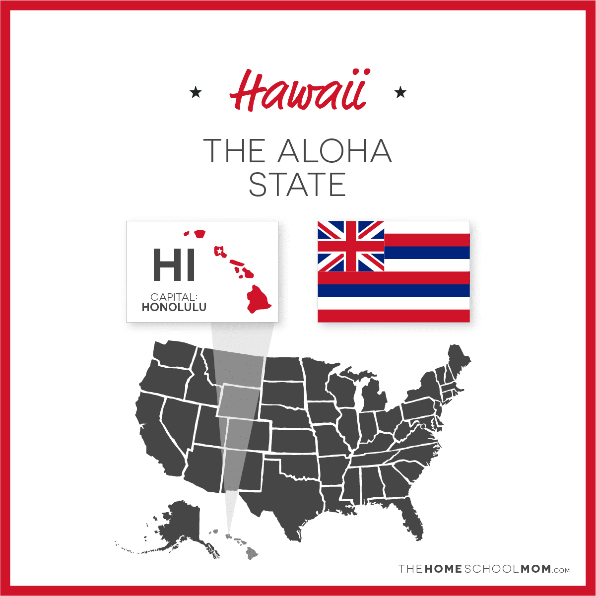 Map of US with Hawaii highlighted and text Hawaii - The Aloha State; capital – Honolulu