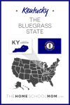 Map of US with Kentucky highlighted and text Kentucky - The Bluegrass State; capital – Frankfort