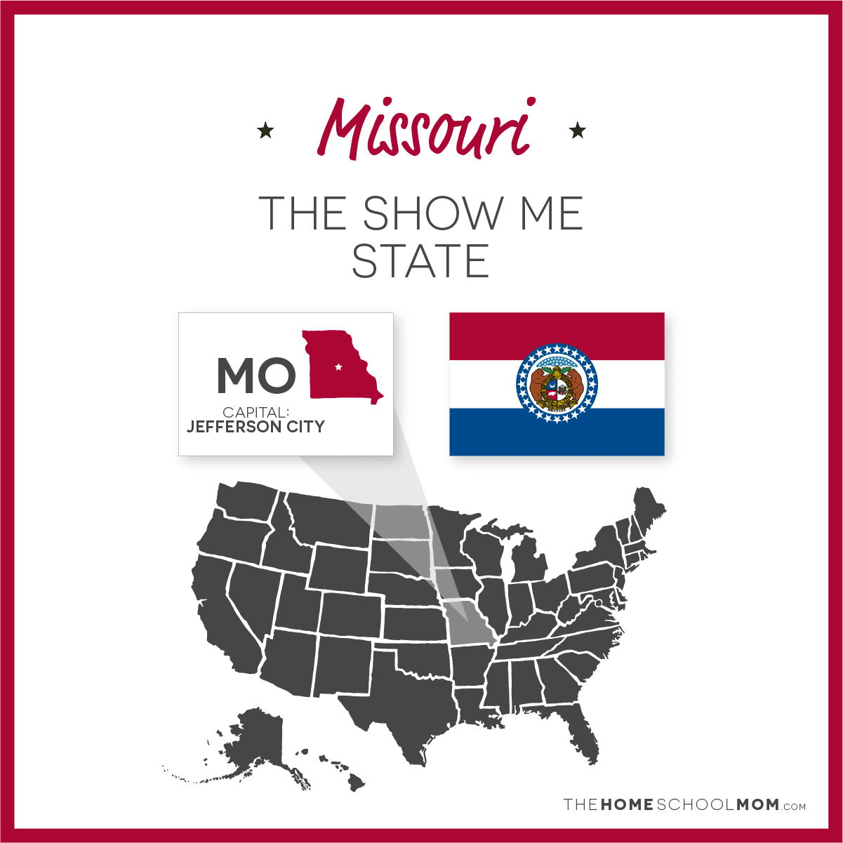 Map of US with Missouri highlighted and text Missouri - The Show Me State; capital – Jefferson City