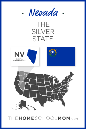 Map of US with Nevada highlighted and text Nevada - The Silver State; capital – Carson City