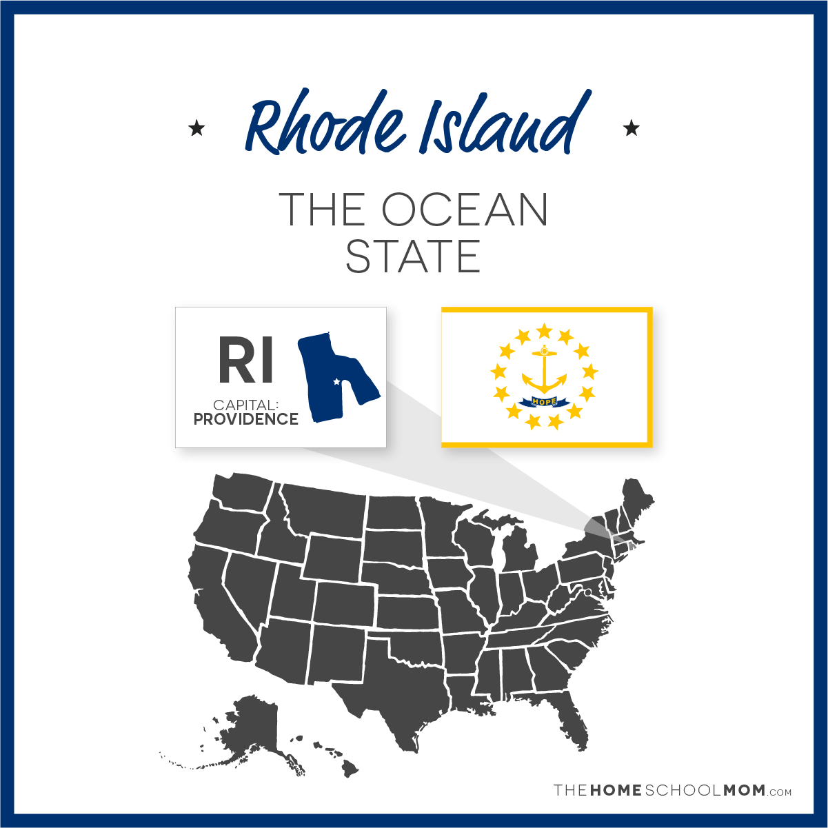 Map of US with Rhode Island highlighted and text Rhode Island – The Ocean State; capital – Providence