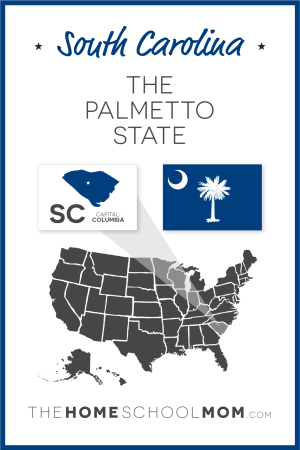 Map of US with South Carolina highlighted and text South Carolina – The Palmetto State; capital – Columbia