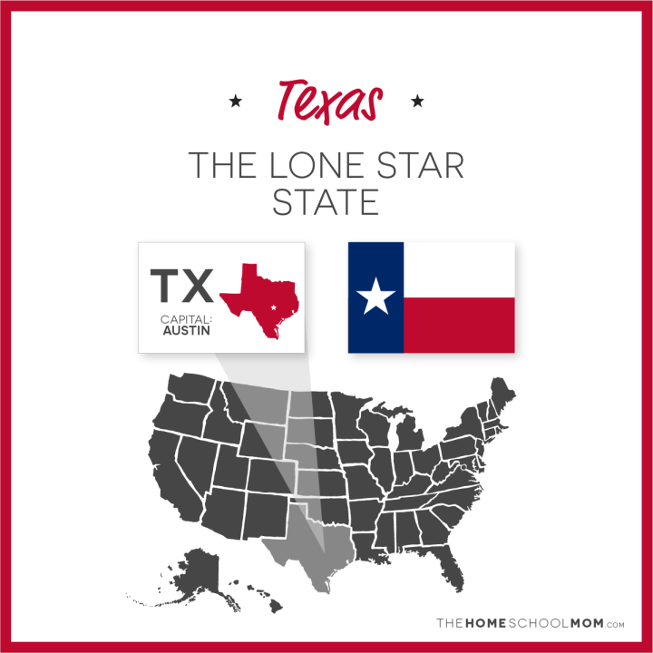 Map of US with Texas highlighted and text Texas – The Lone Star State; capital – Austin