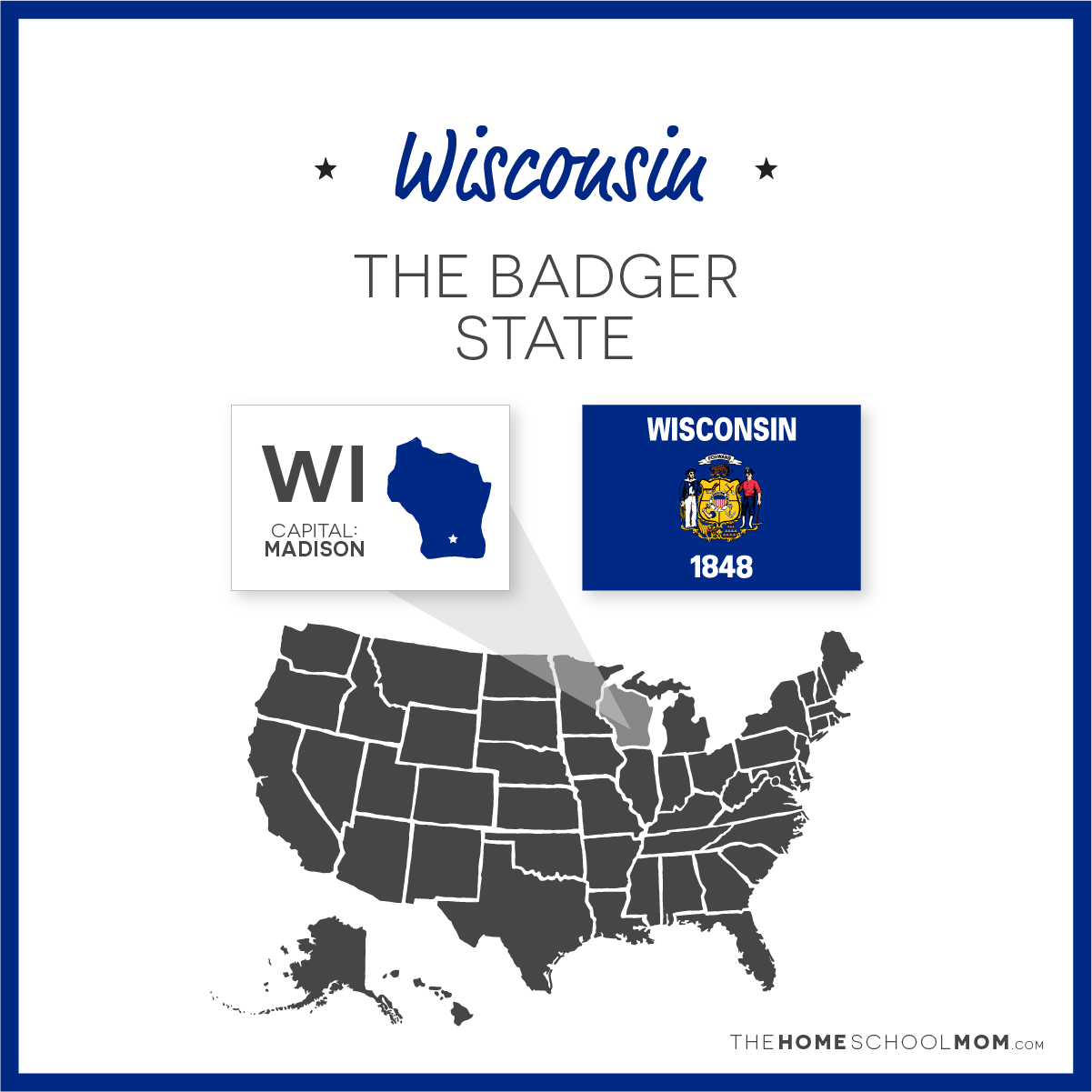 Map of US with Wisconsin highlighted and text Wisconsin – The Badger State; capital – Madison