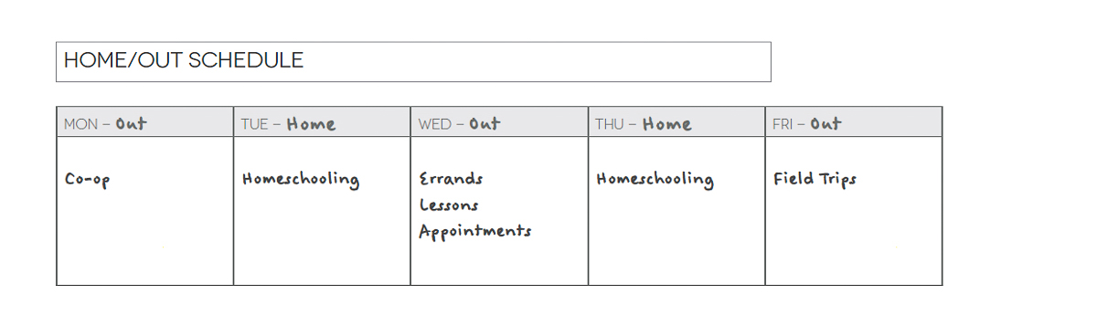 Screenshot of an example Home/Out homeschool schedule