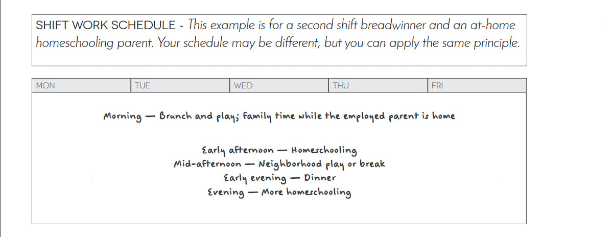Screenshot of an example homeschool schedule for a family working shift work