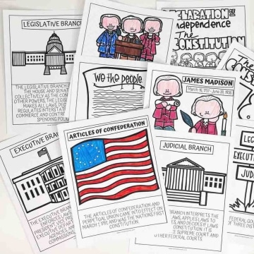 Constitution-related coloring pages with informational text.