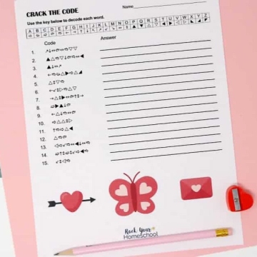 Screenshot of a code-cracking Valentine-themed worksheet.