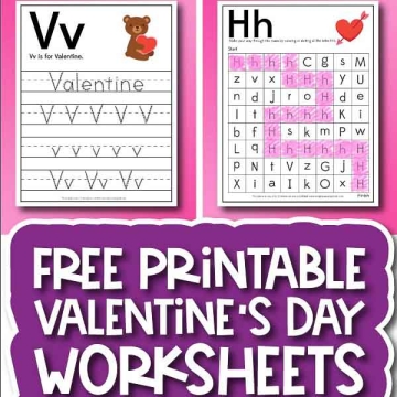 Screenshot of letter worksheets and text Free Printable Valentine's Day Worksheets.