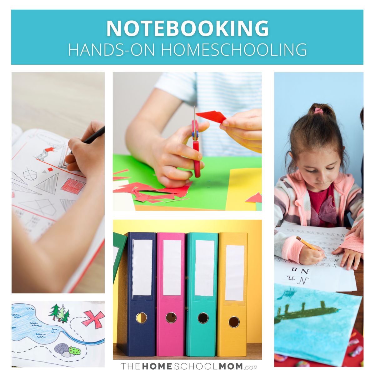Composite image depicting child's notebooking including maps, artwork, letterwork, and workbook pages.