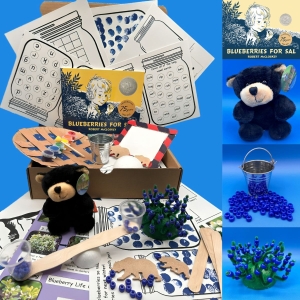 Composite image showing the contents of the Ivy Kids Kits for Blueberries for Sal.