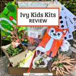 An open cardboard box with finished projects made from curriculum supplies to go with the book Plant the Wild Garden (which is also in the box) covered by the text Ivy kids Kits review.