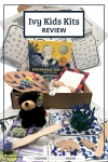 An open cardboard box with curriculum supplies for activities to go with the book Blueberries for Sal which is also in the box covered by the text Ivy kids Kits review.