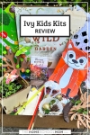 An open cardboard box with finished projects made from curriculum supplies to go with the book Plant the Wild Garden (which is also in the box) covered by the text Ivy kids Kits review.