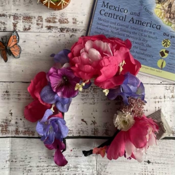 Homemade floral headband in the Frida Kahlo style.