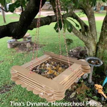 Bird feeder made from twine, craft sticks, and glue hanging from a tree outside.