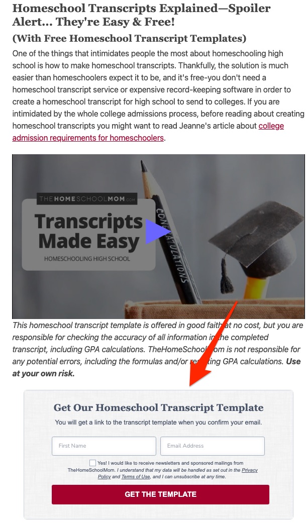Screenshot of webpage showing location of transcript template request form.